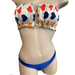 Zuliana Size S Multi Heart Bikini Print Top & Blue Bikini Bottom. New With Tags